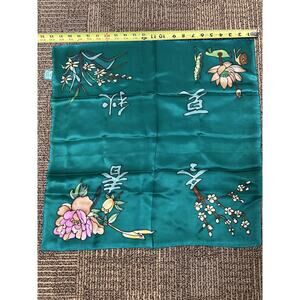 Green Floral Silk Square Scarf Womens Embroidered Nature Satin 100% Silk Spring